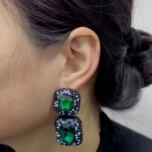 Blue Green Black Dramatic Goth Glam Earrings Faceted Stone Rhinestone Heavy New